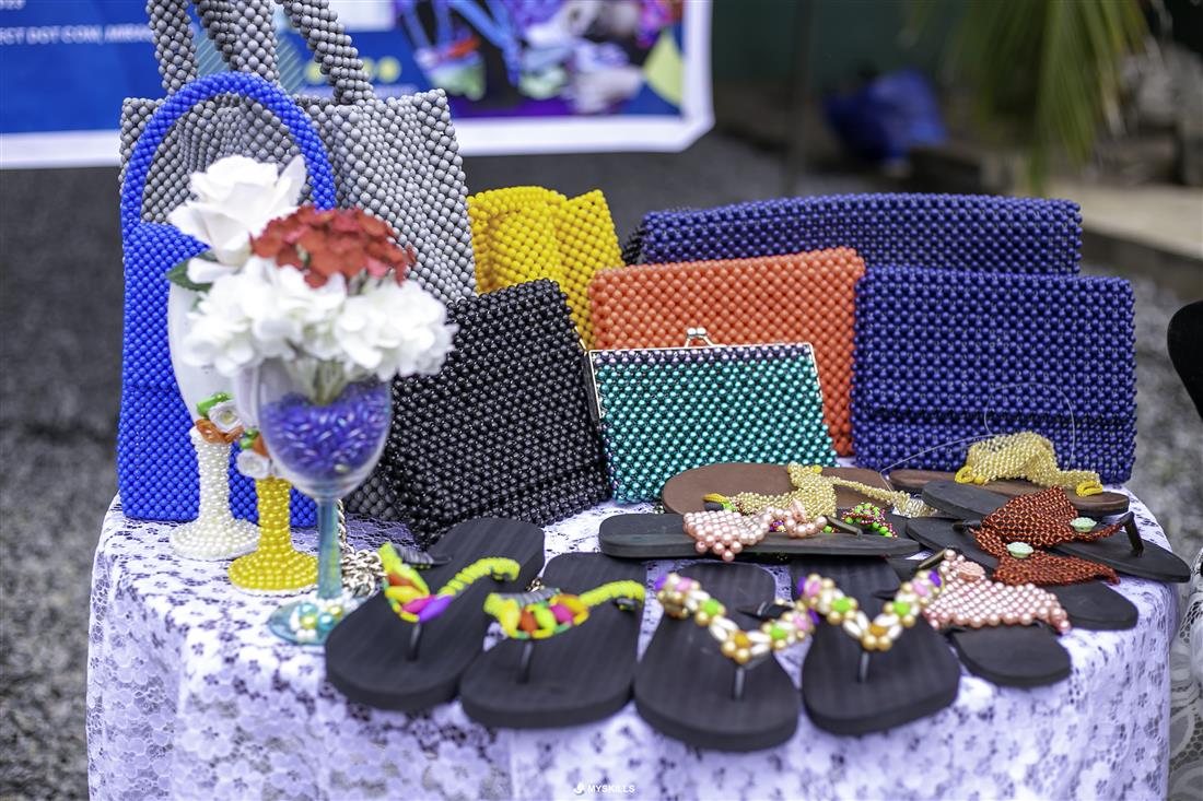 Colourful handmade bags, slippers and accessories on display